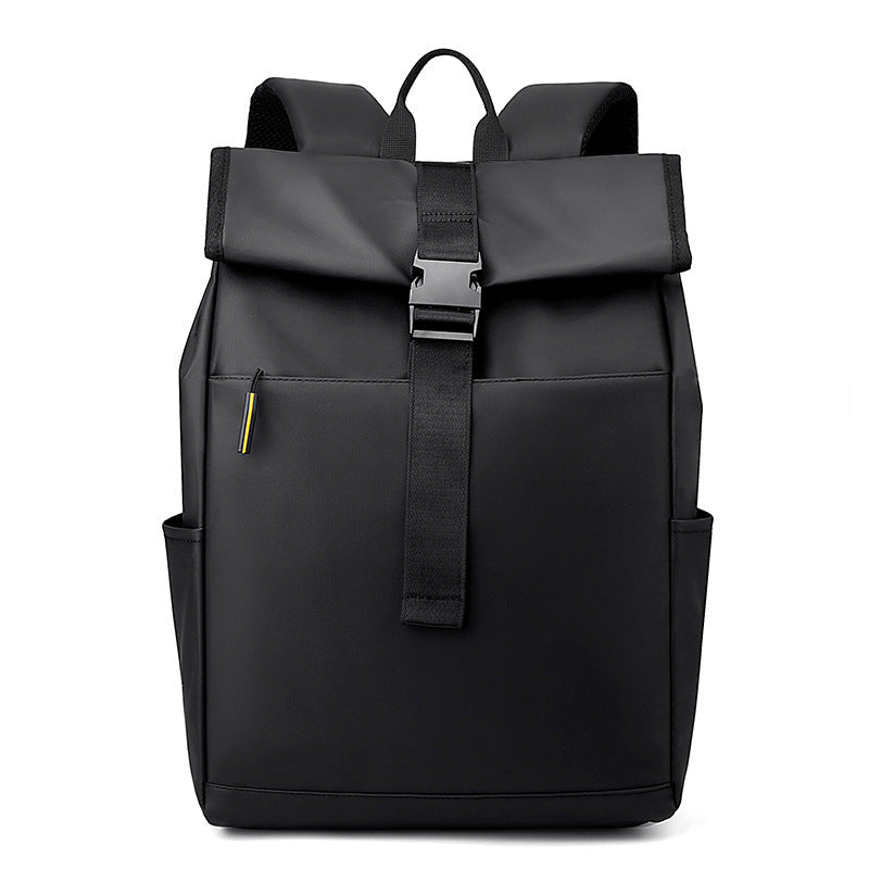 Black backpack with a yellow tag on a white background