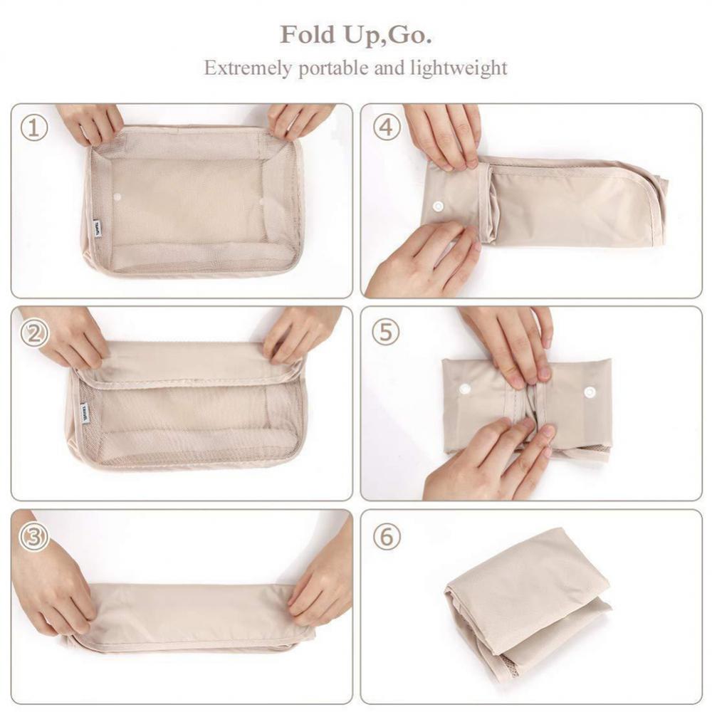 Step-by-step process of folding a beige fabric pouch on a white background.