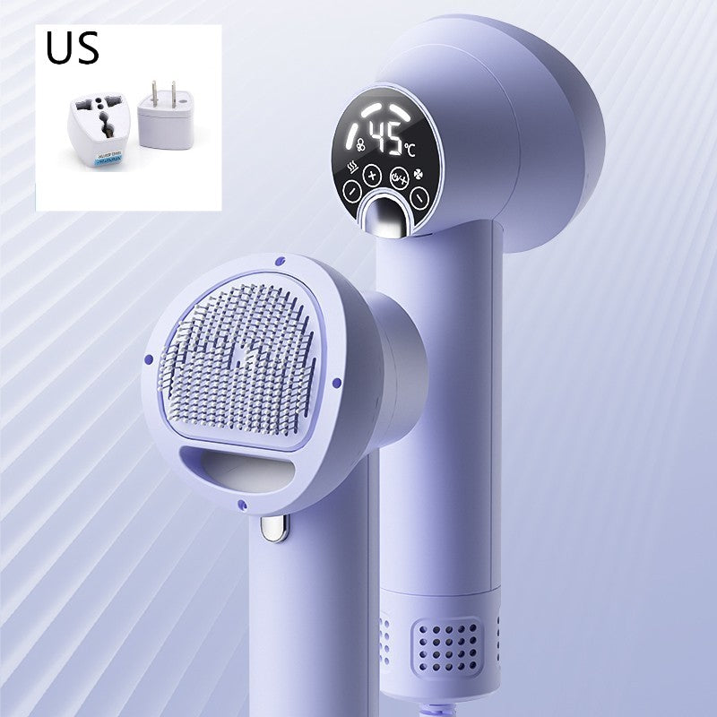 Purple handheld hair dryer with digital display on a light blue background