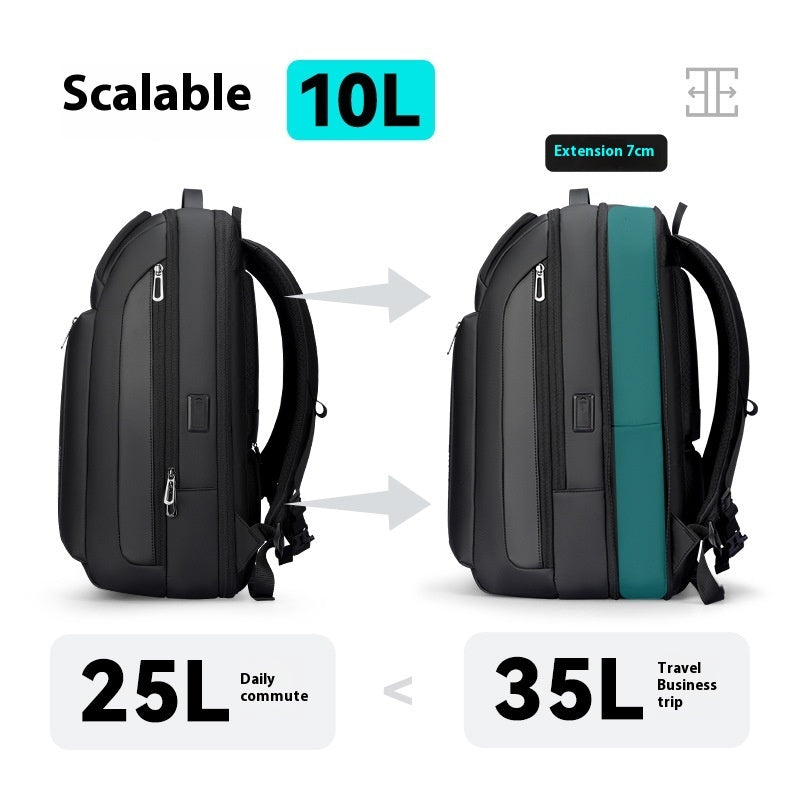 Backpack with scalable capacity feature showing extension and different volume labels.