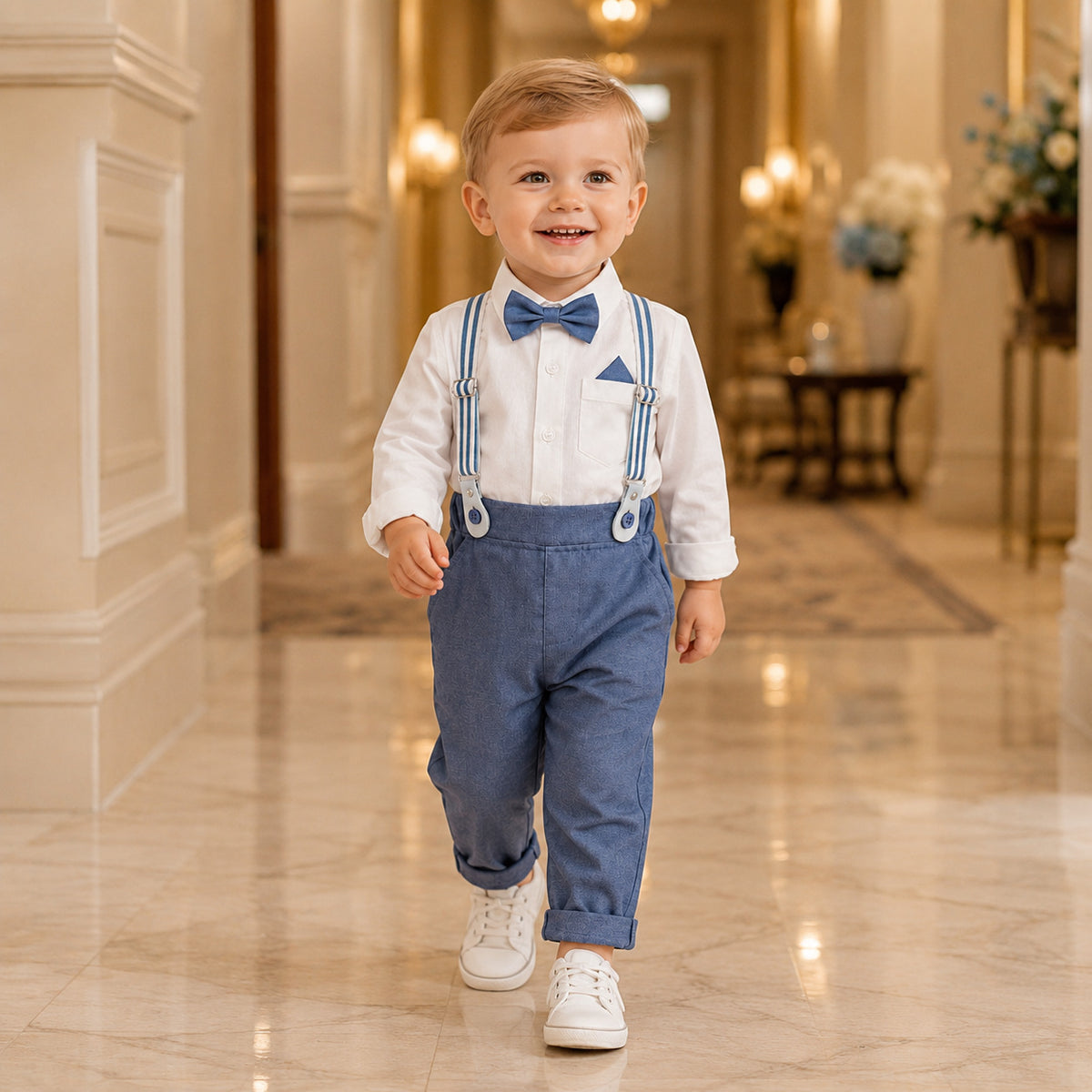 A young toddler boy walking down a grand, elegant indoor hallway, wearing a formal children's outfit consisting of a white long-sleeve shirt, blue suspenders, a blue bow tie, and blue trousers.