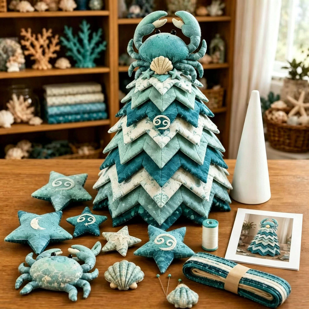 A handmade teal and white chevron fabric Christmas tree ornament displayed on a wooden table, surrounded by matching fabric crabs, seashells, starfish, and a spool of thread. A blurred background shows shelves with decorative items.