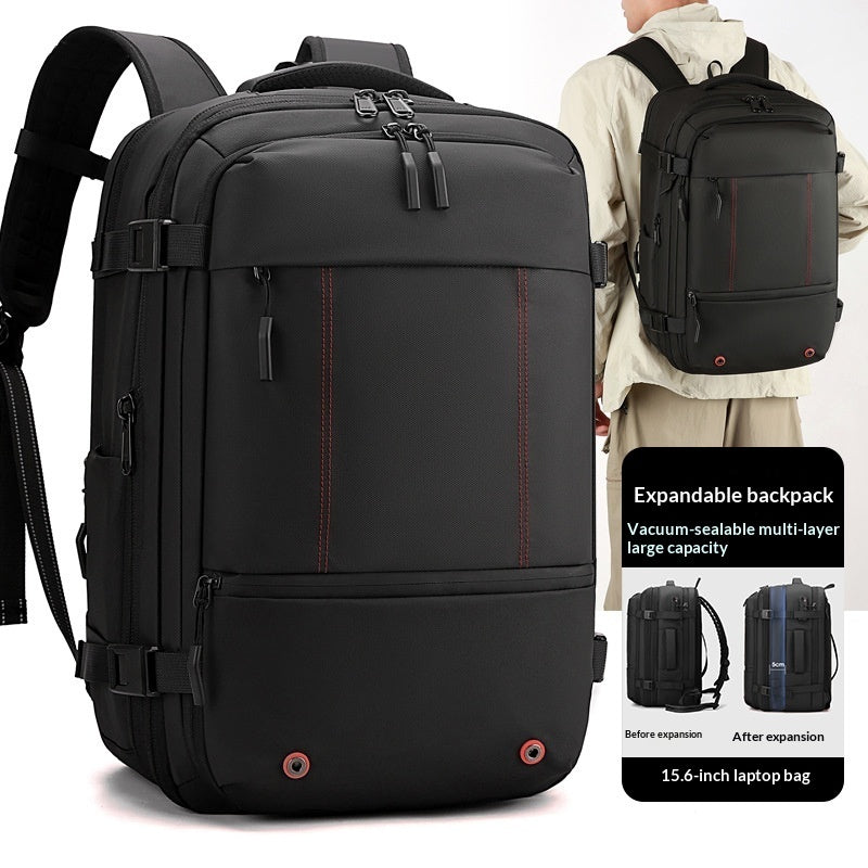 A black expandable laptop backpack with red stitching details, shown in a close-up on the left and worn by a model on the right. A text box on the right highlights its expandable feature and 15.