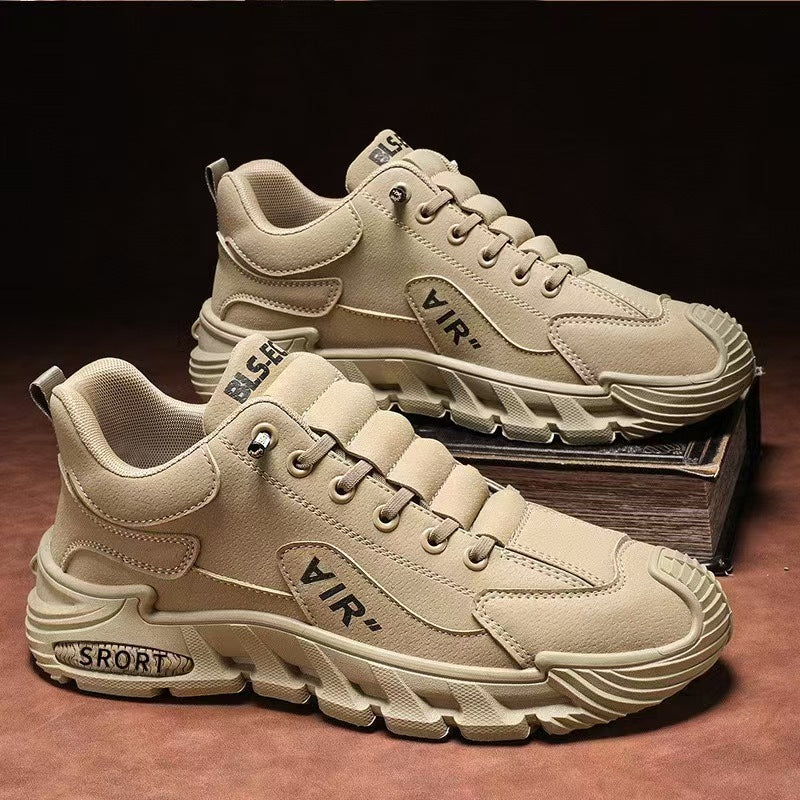 Beige sneakers with 'AIR' and 'SPORT' text on a dark background