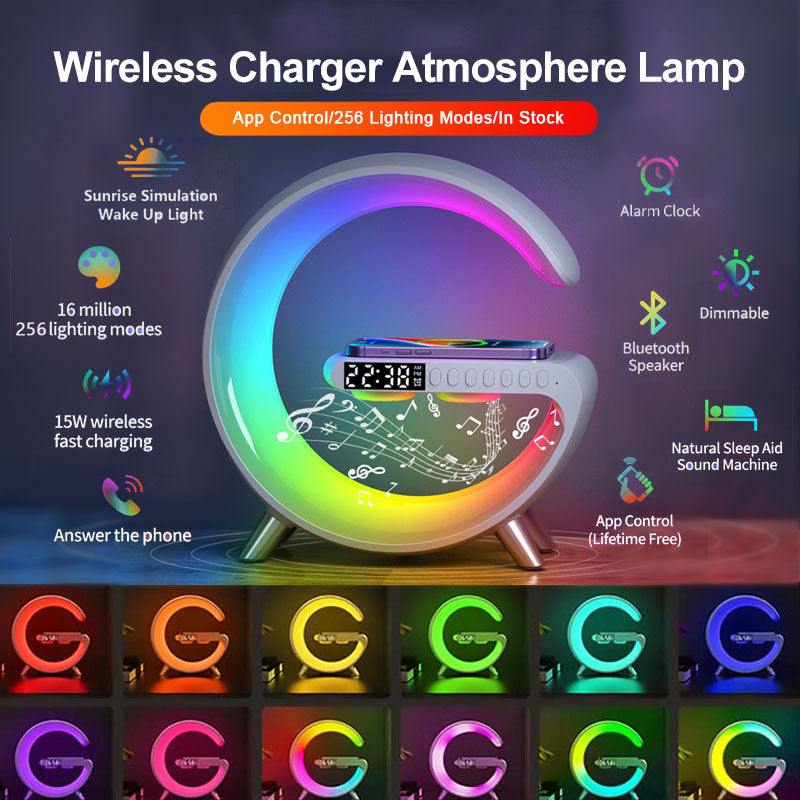 Wireless charger atmosphere lamp with colorful display and multiple functions on a dark background