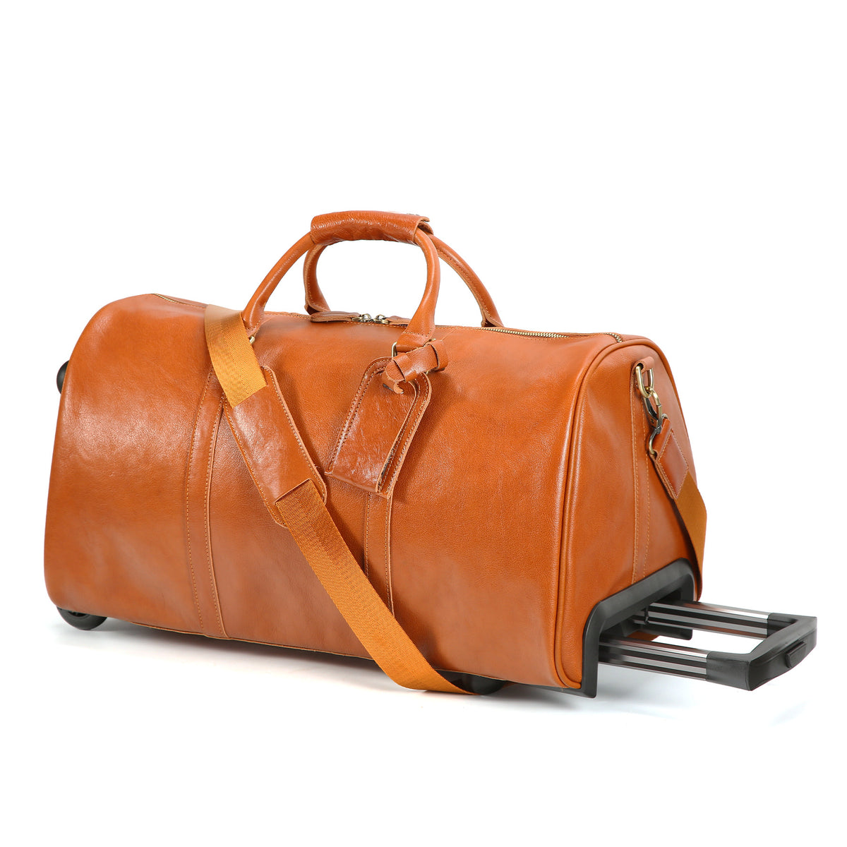 A tan leather duffel bag with a telescoping rolling handle extended, featuring dual top handles, a detachable shoulder strap, and a luggage tag, shown on a white background.