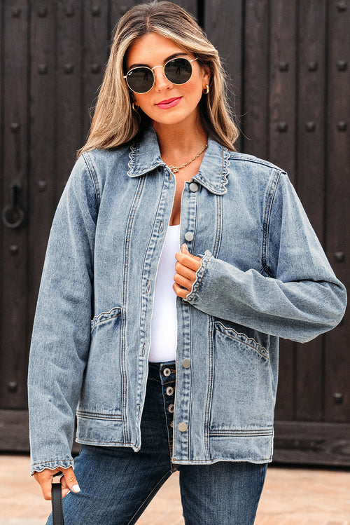 Brooklyn Scallop Trim Button Up Denim Jacket-0
