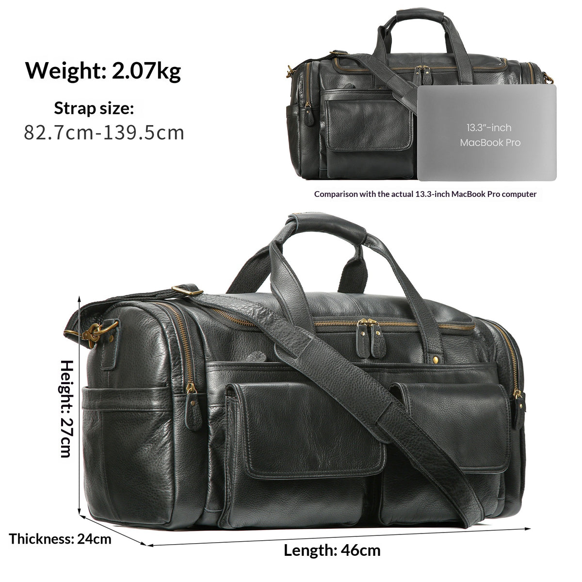 Black leather duffel bag with multiple zip compartments and a shoulder strap, shown on a white background with size measurements and a small comparison note referencing a 13.3-inch MacBook Pro.