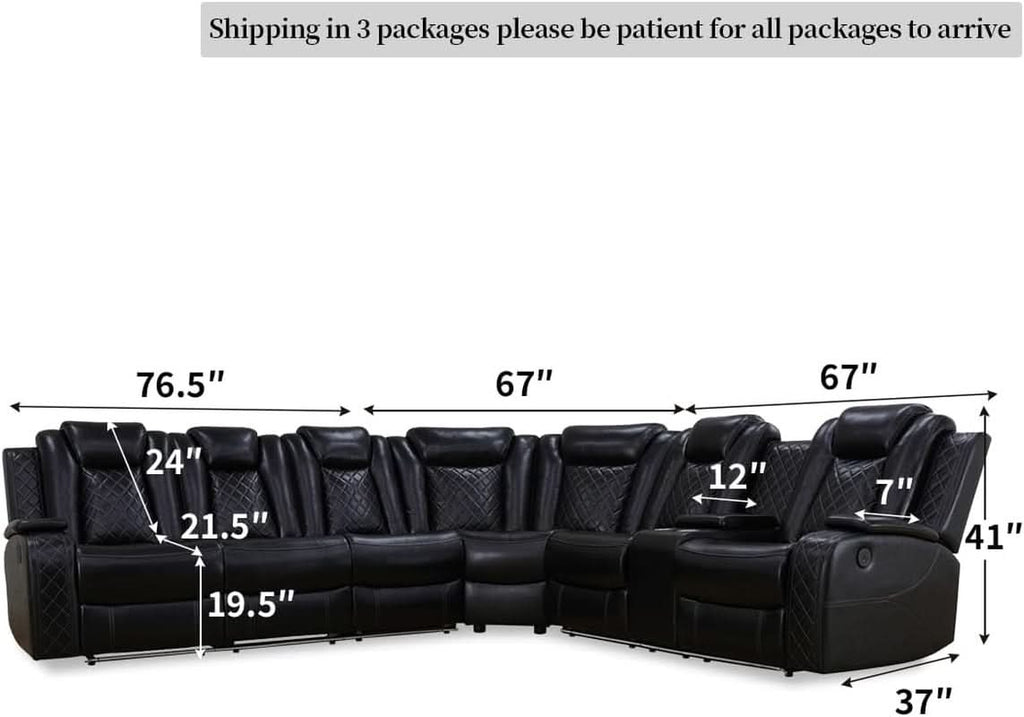 Black Leather Power Recliner Living Room Set With Cup Holders-1