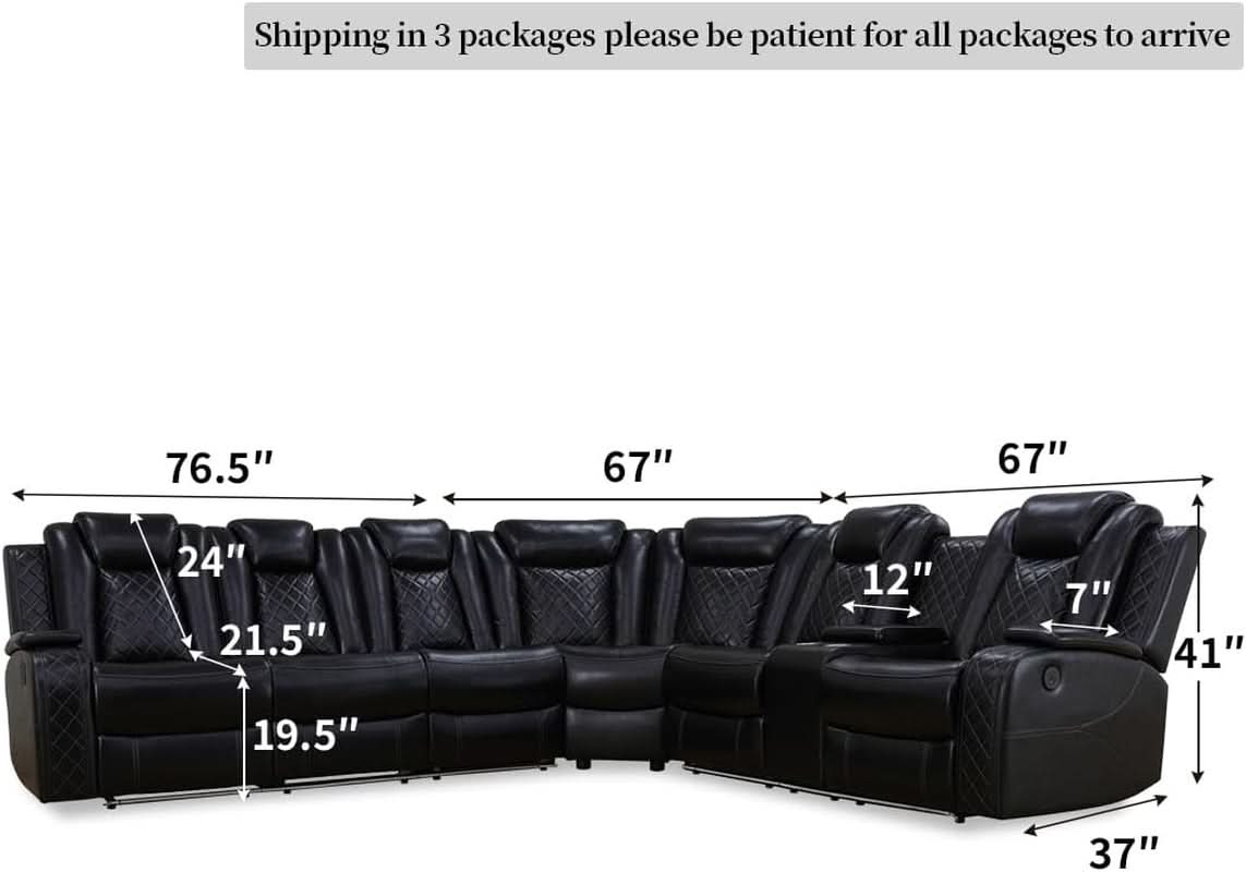 Black Leather Power Recliner Living Room Set With Cup Holders-1