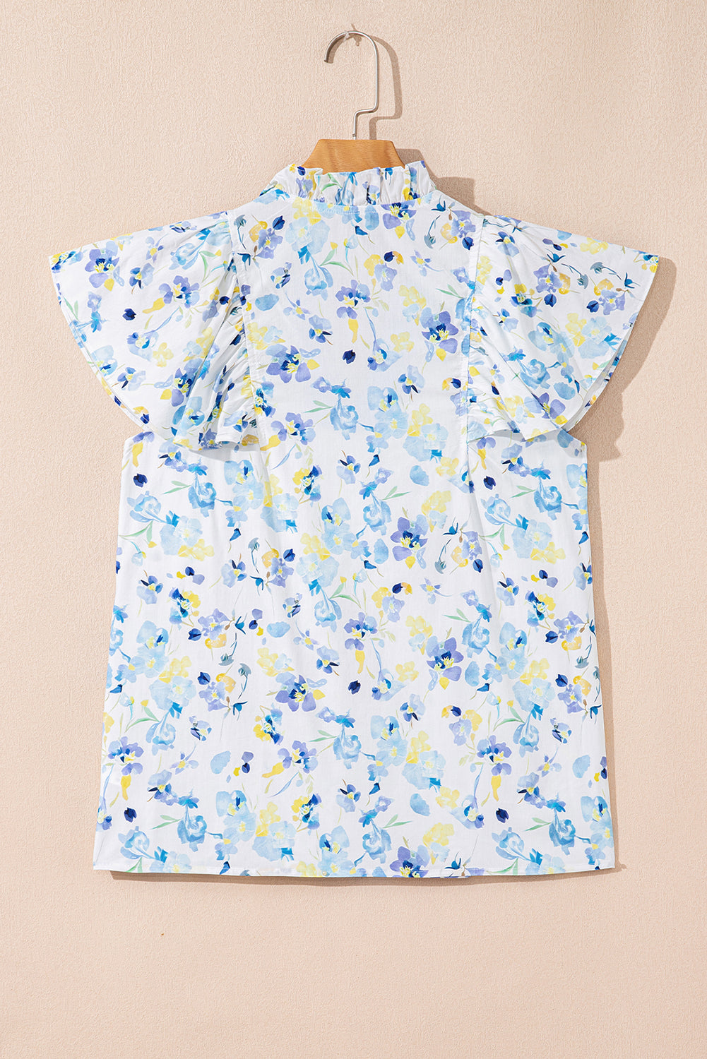 Sky Blue Floral Print Frilled Notched V Neck Blouse-3
