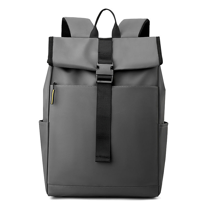 Gray backpack with black straps on a white background