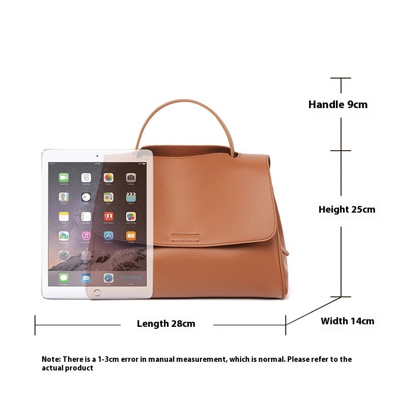 Brown handbag with dimensions labeled on a white background