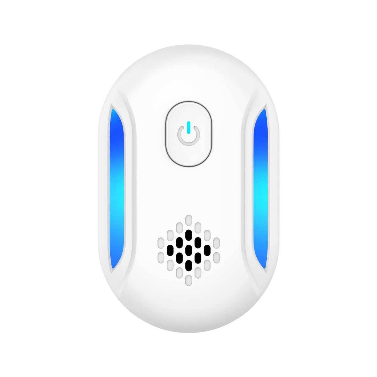 A white oval electronic device with a central power button, a speaker grille, and two vertical blue illuminated side panels, shown on a plain white background.