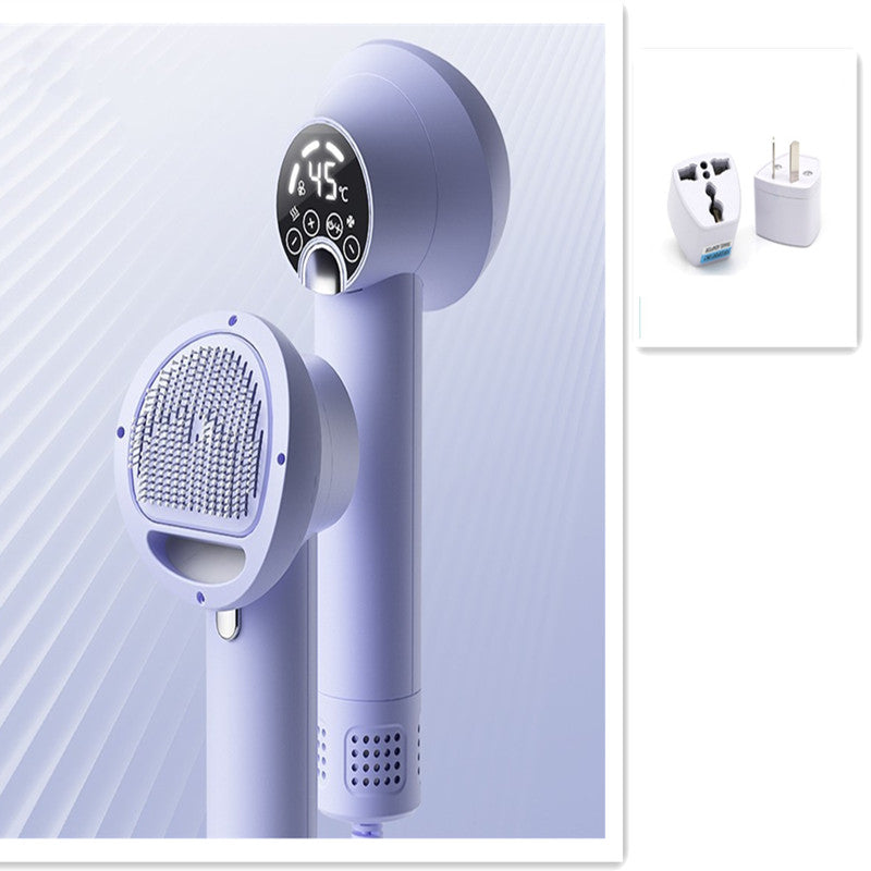 Purple handheld shower head with digital temperature display on a light blue background