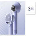 Purple handheld shower head with digital temperature display on a light blue background