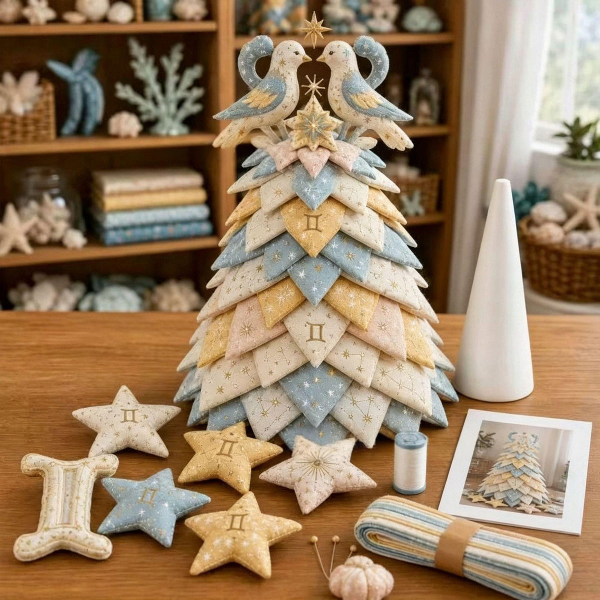 A handmade fabric Christmas tree ornament made of layered quilted fabric stars in pastel blue, beige, and yellow, decorated with two blue birds and a gold star. It is displayed on a wooden table with other matching fabric ornaments, a cone-shaped vase, and a folded piece of matching fabric.