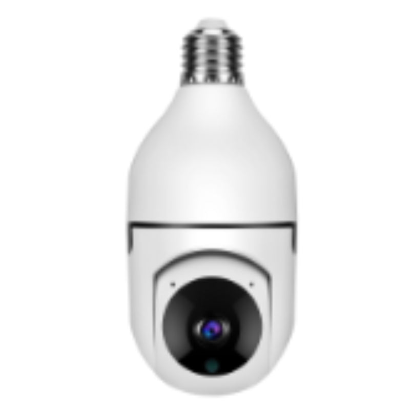 A white smart security camera designed in the shape of a light bulb, featuring a black circular lens assembly on the front and a silver screw base at the top, shown against a plain white background.