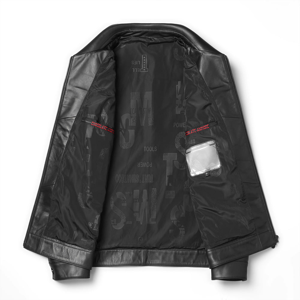 Black jacket with text and leather accents on a white background