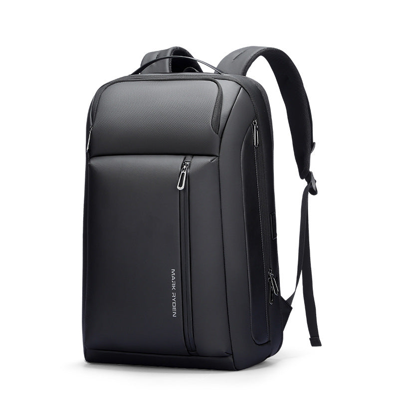A black minimalist backpack with multiple zippered compartments and a vertical brand name 'PURDARE HOME' printed on the front, shown on a clean white background.