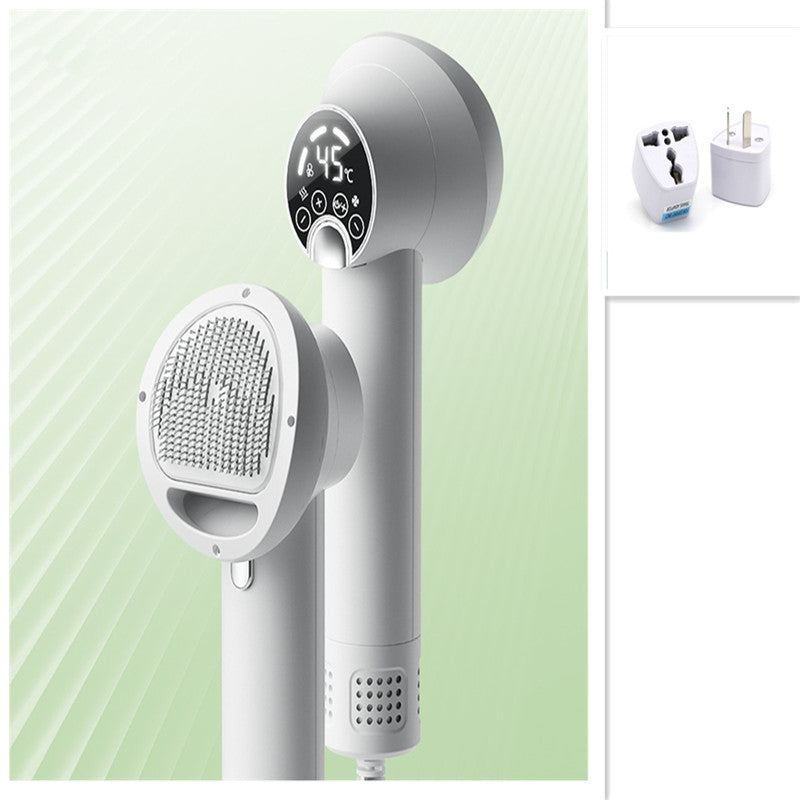 White handheld showerhead with digital display on a light green background