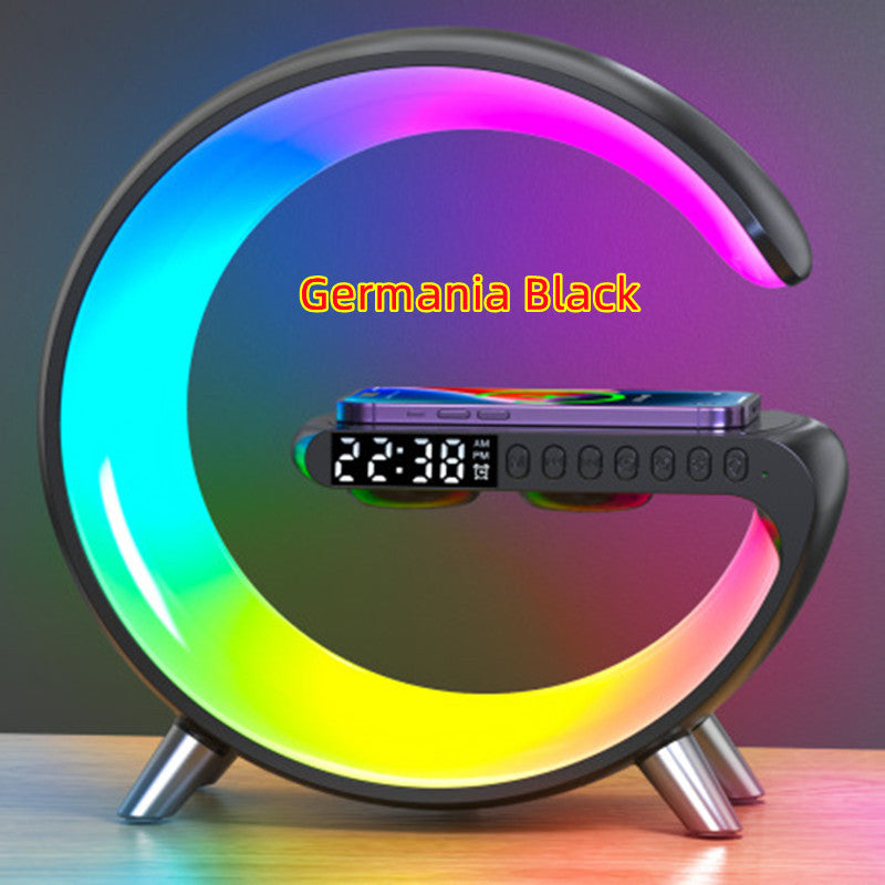Colorful LED lamp with digital clock and phone stand on a gradient background