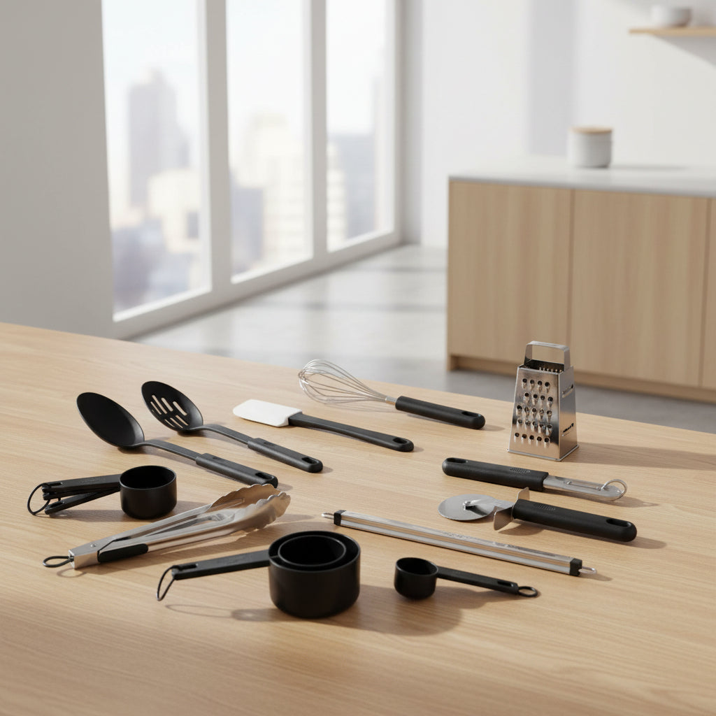 Set of black kitchen utensils including spoons, spatulas, and whisks on a white background