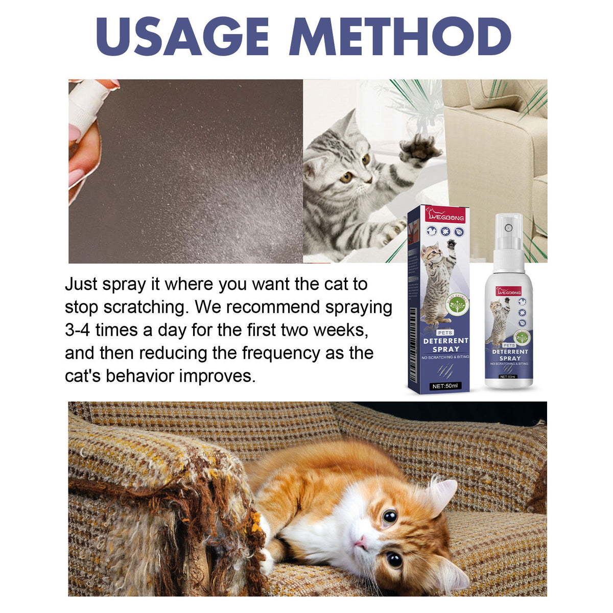 Cat deterrent spray usage method with images of cats and packaging.