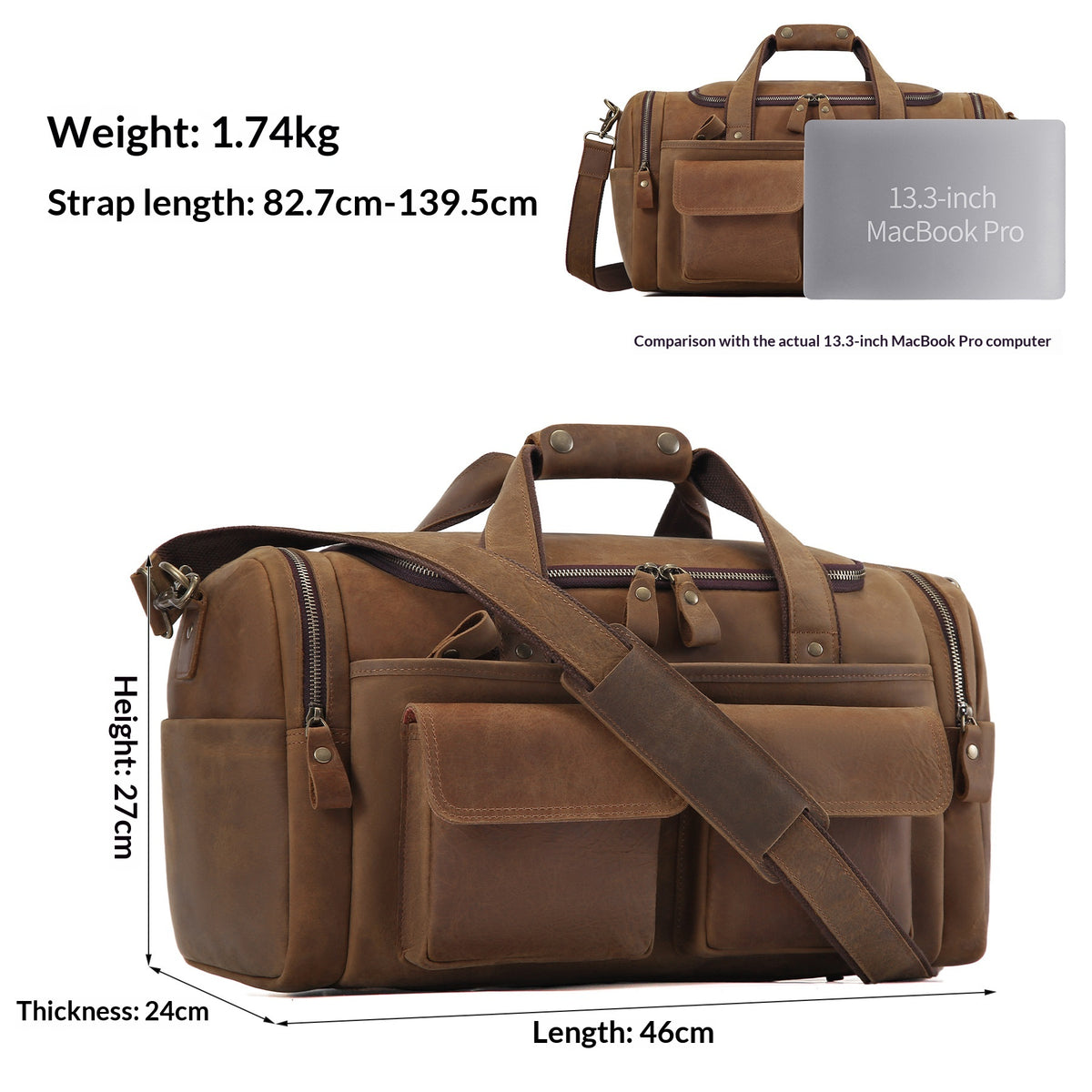 Brown canvas duffel bag with multiple zippered pockets and top handles, shown on a white background with dimension labels, weight/strap length text, and a small comparison inset of a 13.3-inch MacBook Pro.