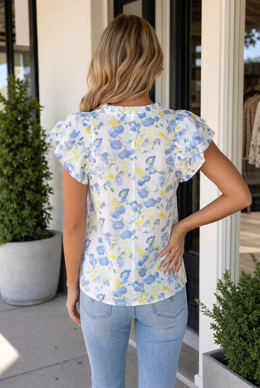 Sky Blue Floral Print Frilled Notched V Neck Blouse-1