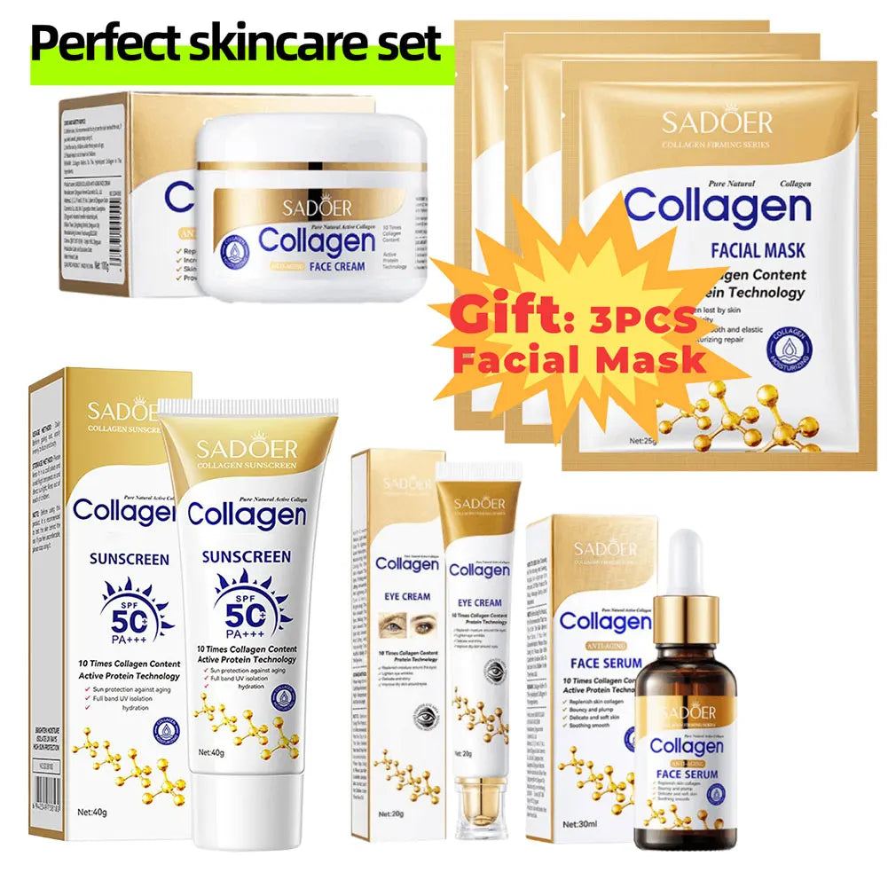 Sadoer Collagen skincare set with cream, serum, mask, and sunscreen on a white background