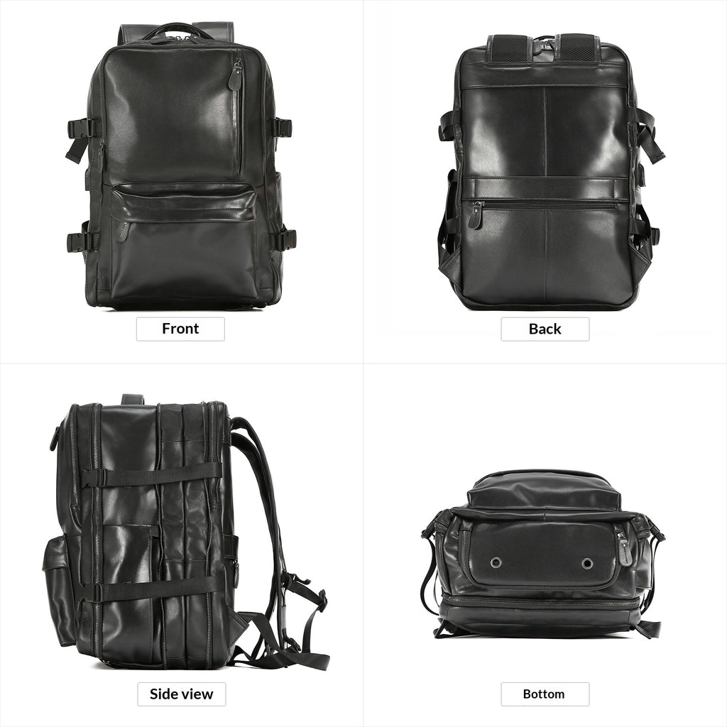 A black leather-like backpack shown from four angles on a white background: front, back, side view, and bottom view, with labels beneath each view.
