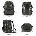 A black leather-like backpack shown from four angles on a white background: front, back, side view, and bottom view, with labels beneath each view.