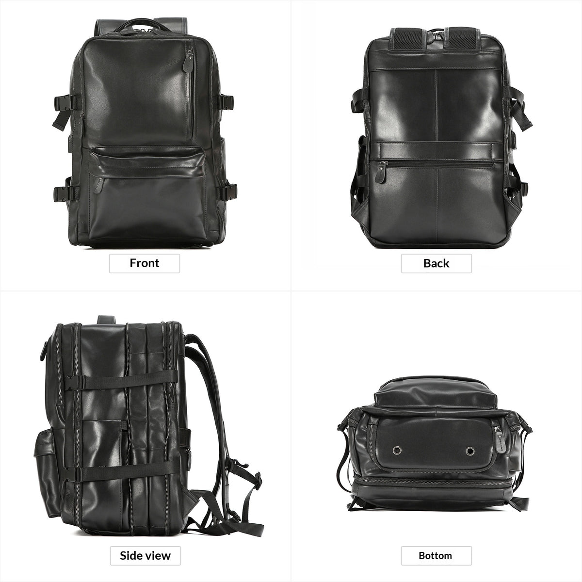 A black leather-like backpack shown from four angles on a white background: front, back, side view, and bottom view, with labels beneath each view.
