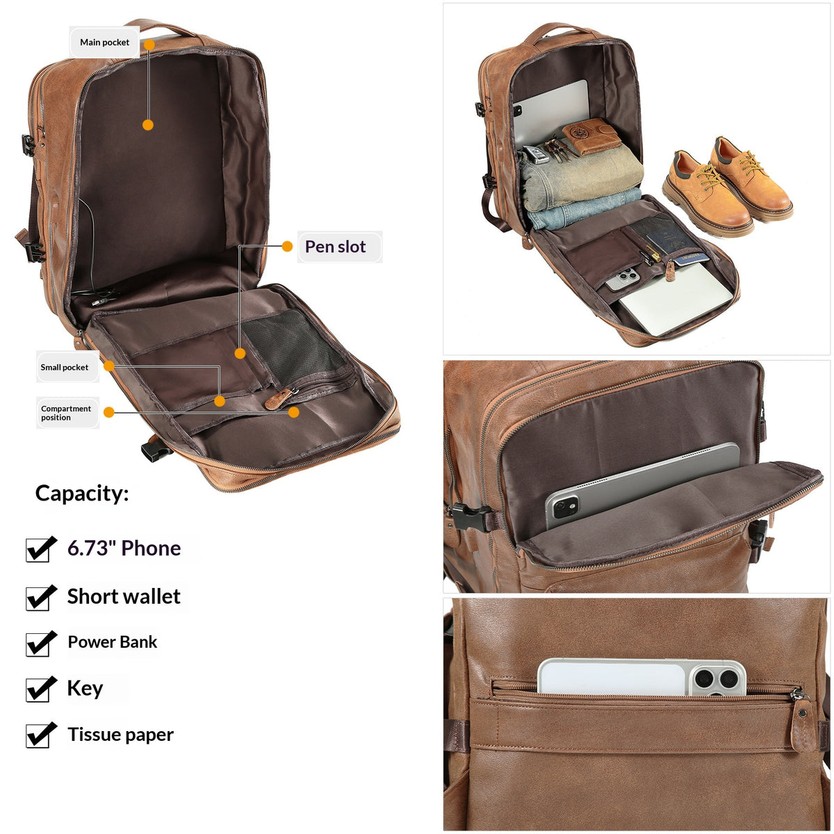 A brown faux-leather backpack shown in multiple views with callouts and capacity text. The collage includes the backpack open to show interior compartments, a pen slot, main pocket, and organization pockets; packed with folded clothes, shoes, wallet, phone, and power bank; and a close-up of a phone in the front pocket.