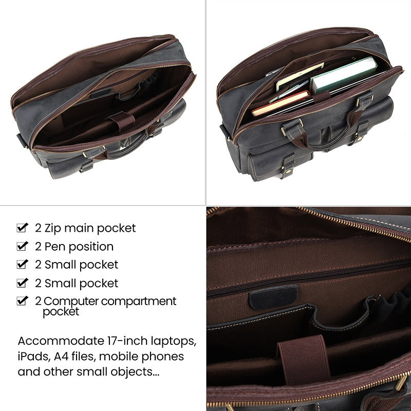 A dark brown and black canvas laptop briefcase shown from multiple angles, including open views with accessories inside and a text list of features and capacity details.
