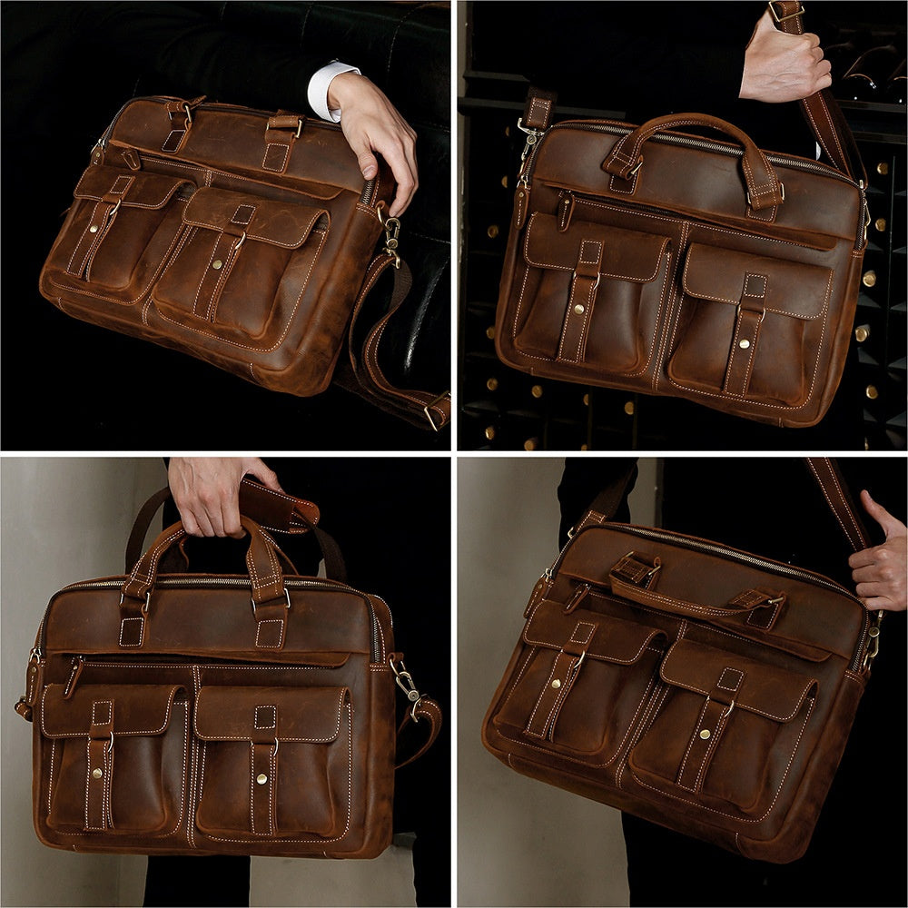 A four-panel collage showing a brown leather briefcase or laptop bag from different angles, with a person's hands holding it in a dark interior setting. The bag has multiple front flap pockets, top handles, a shoulder strap, and brass-tone hardware.