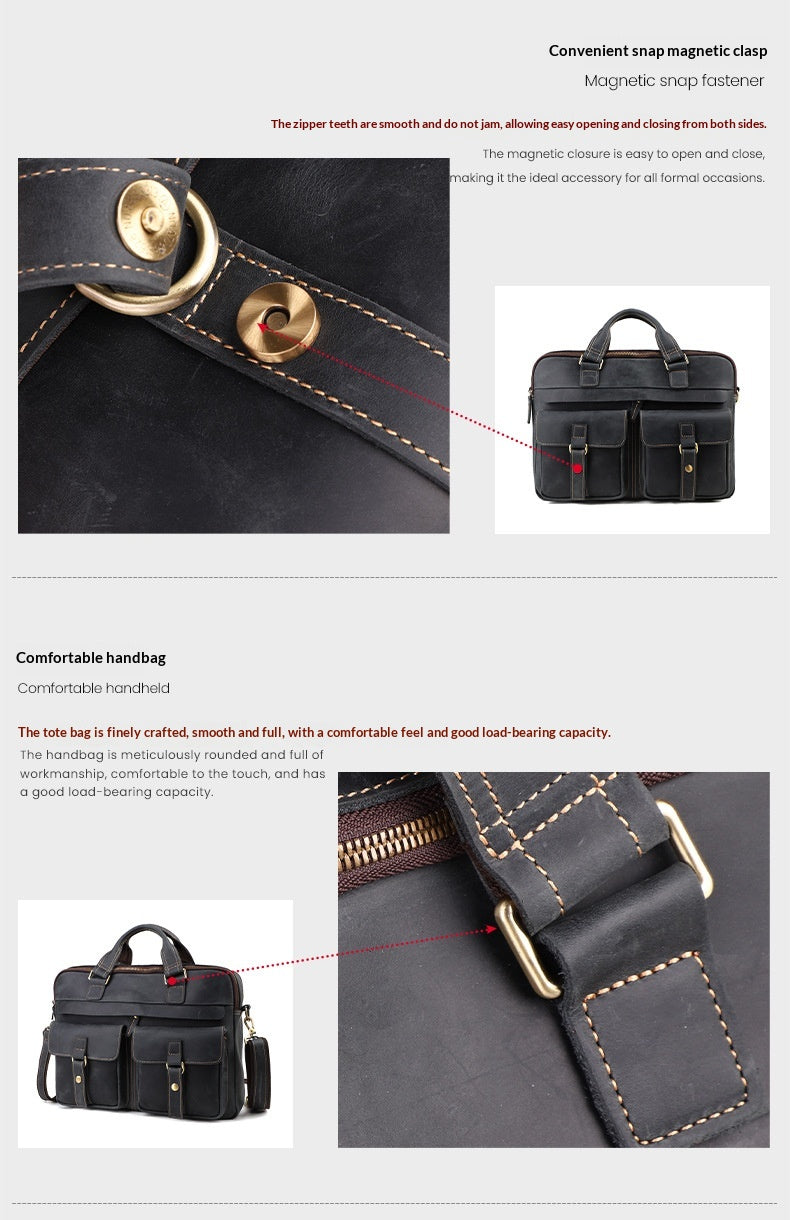 A product feature infographic showing a black leather tote bag with gold hardware, including close-up views of a magnetic snap closure and a gold-toned zipper pull, with small product photos and explanatory text.