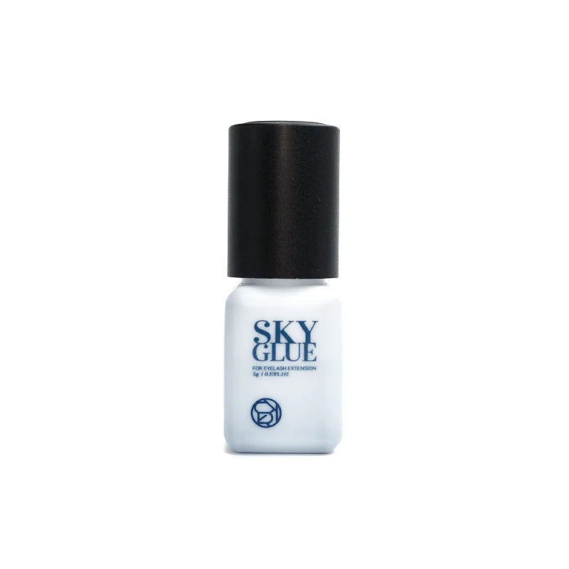 A bottle of SKY GLUE nail polish remover with a black cap and white bottle, featuring blue text and logo, centered on a plain white background.