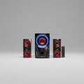 Home theater speaker system with Bluetooth, USB, and FM icons on a white background