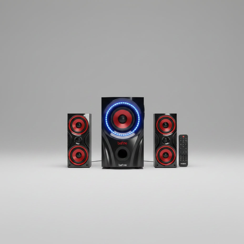 Home theater speaker system with Bluetooth, USB, and FM icons on a white background