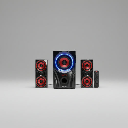 Home theater speaker system with Bluetooth, USB, and FM icons on a white background
