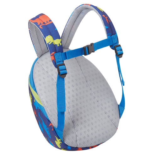 Children's backpack with colorful dinosaur design on straps against a white background