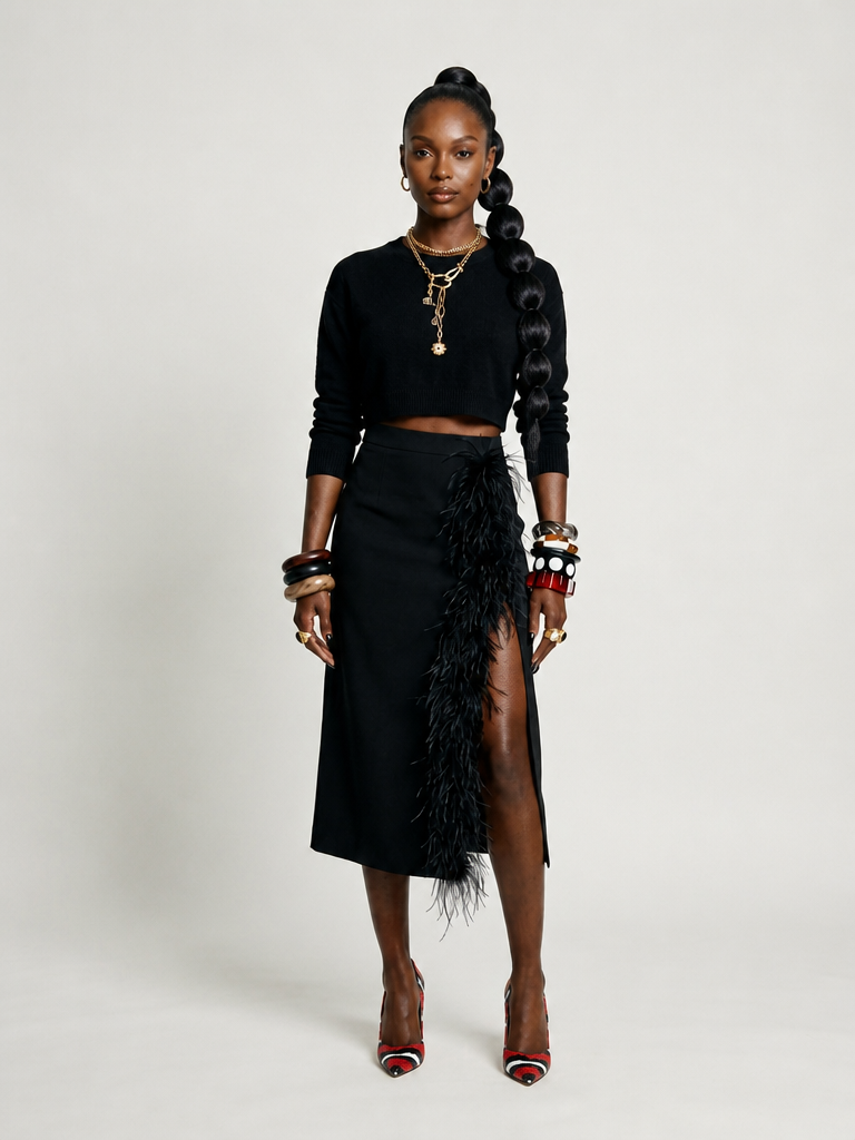 Daring Feather Slit Midi Skirt