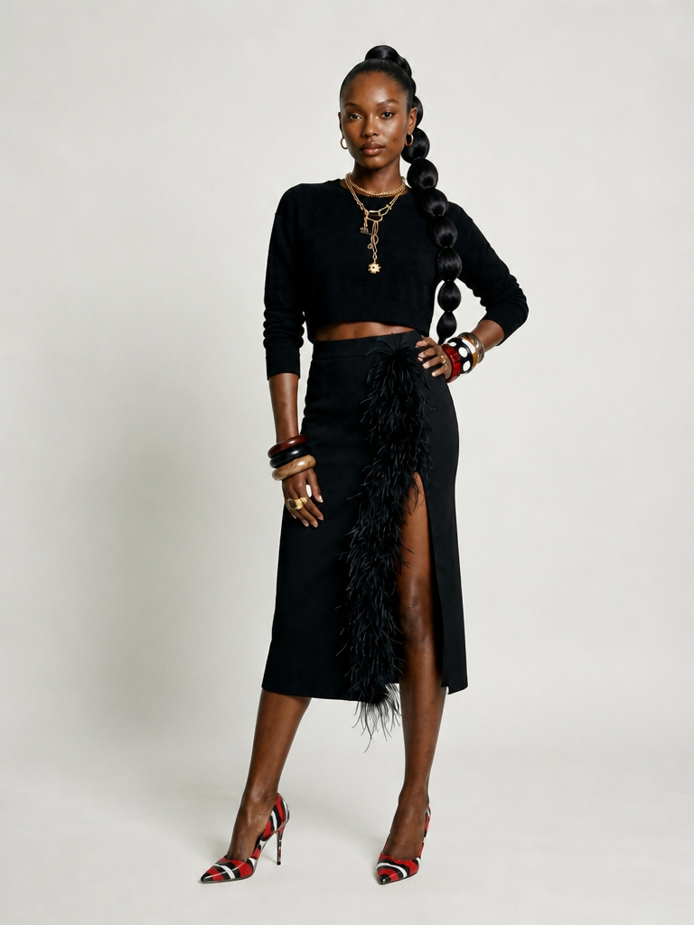 Daring Feather Slit Midi Skirt