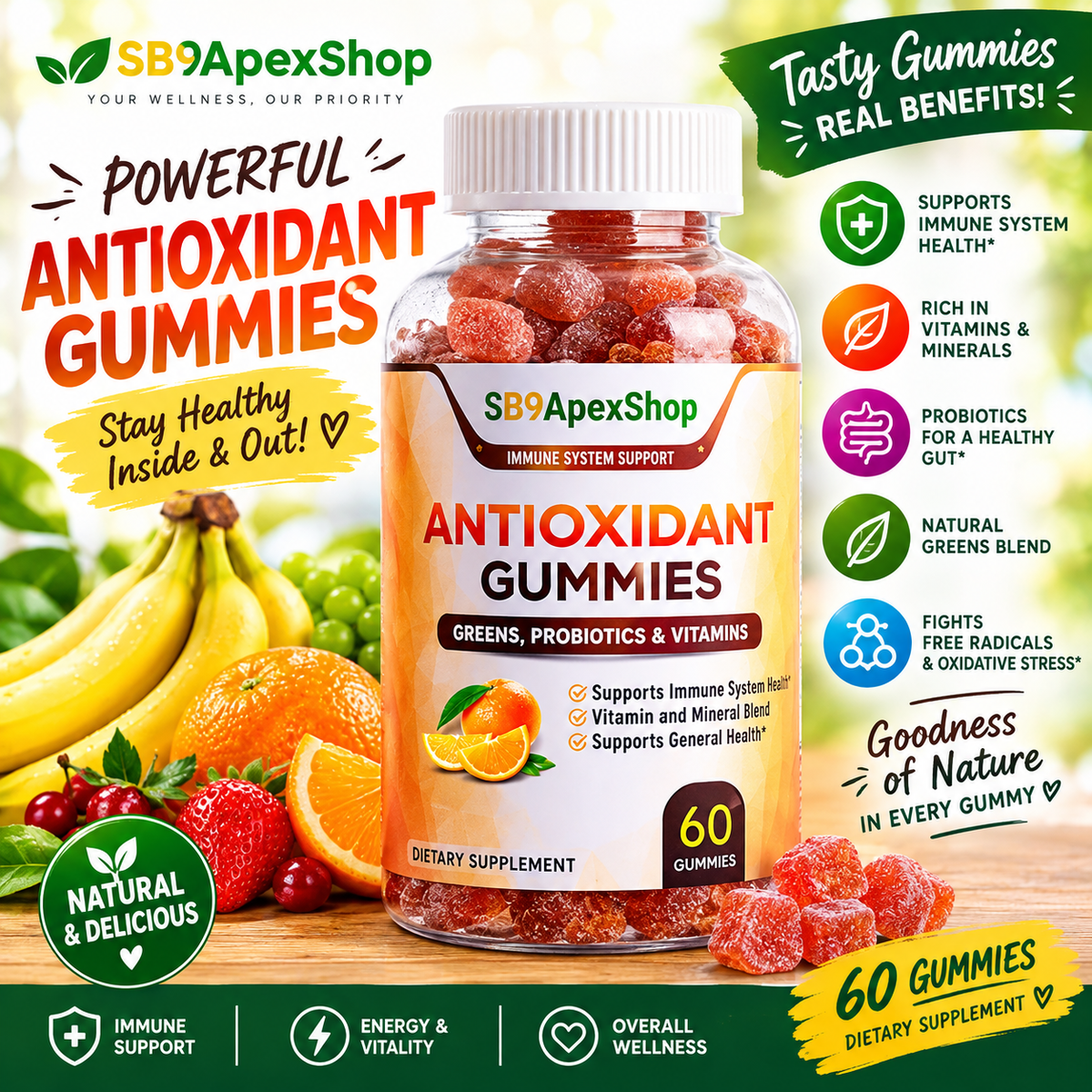 A bottle of SB9ApexShop Antioxidant Gummies centered on a promotional graphic background with fruit illustrations and text callouts about immune support, probiotics, and overall wellness.