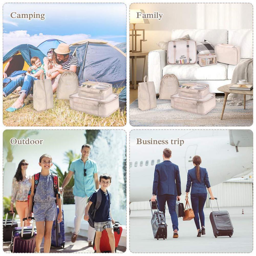 Collage of four scenes related to travel and lifestyle, including camping, family, outdoor activities, and business trips.
