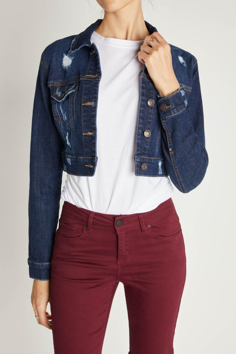 Destructed Cropped Denim Jacket-0