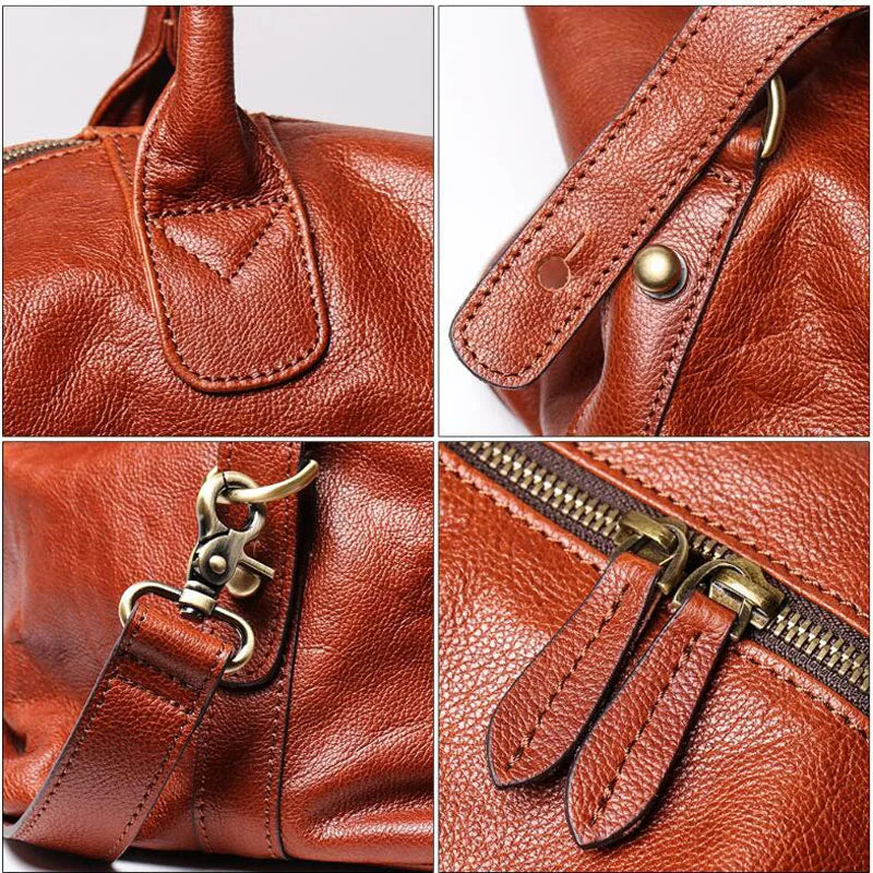 A four-panel close-up collage of a brown pebbled leather handbag, showing the handle attachment, a metal snap detail, a strap clasp, and a zipper with leather pull tabs.