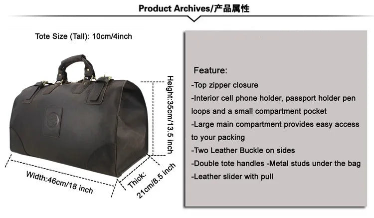 Black tote bag with specifications on a white background